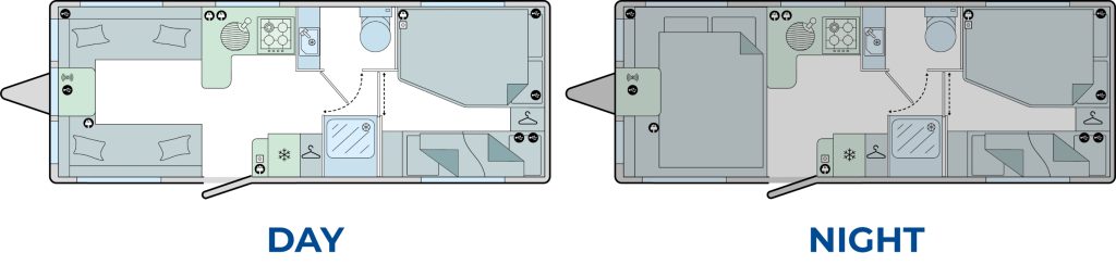 Pegasus Black Amalfi Caravan Layout - Day & Night