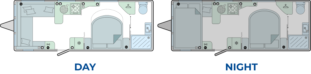 Pegasus Black Bologna Caravan Layout - Day & Night