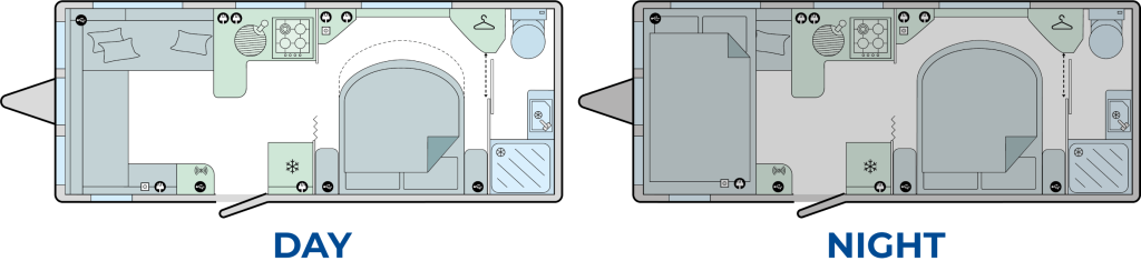Pegasus Black Brindisi Caravan Layout - Day & Night