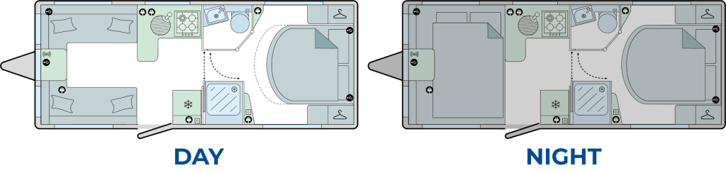 Pegasus Black Portofino Caravan Layout - Day & Night